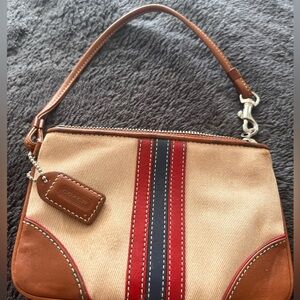 Coach Tan and Red Clutch with Navy Stripe
